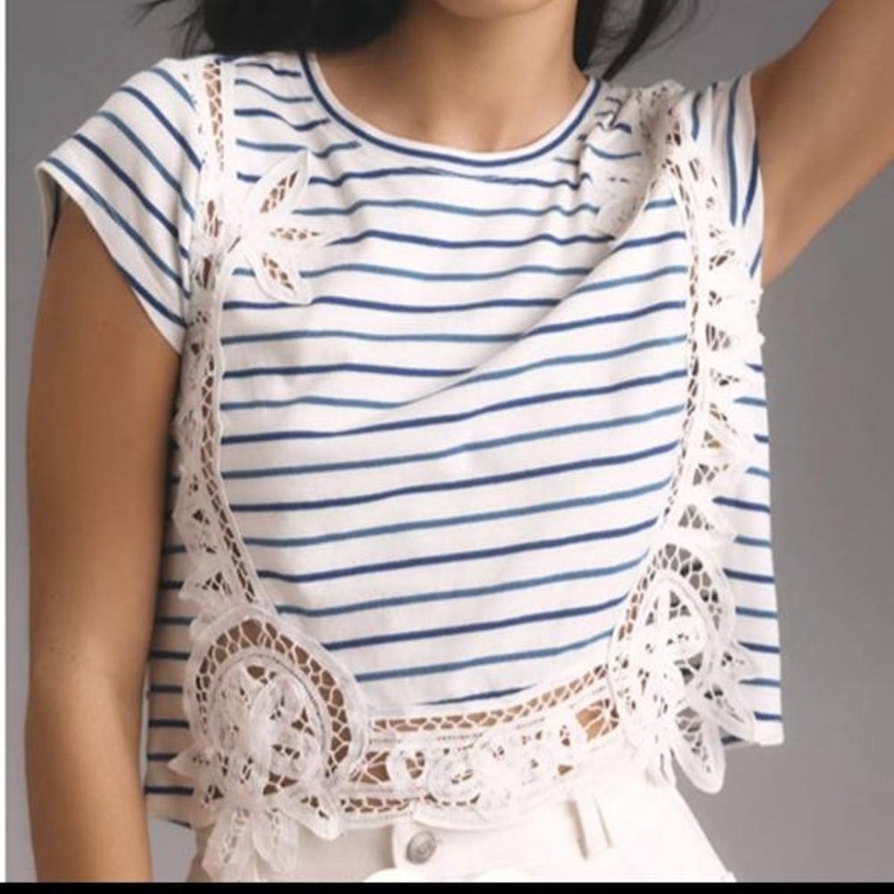 Maeve blue and white striped top with lace details - women's small
